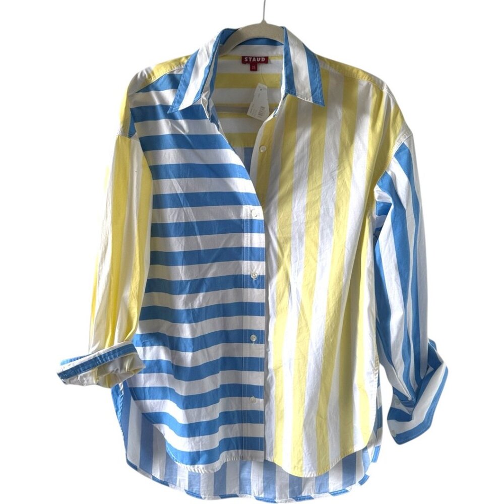 NWT Staud Colton Shirt Mixed Stripe Blue Yellow Oversized Button Down, XS